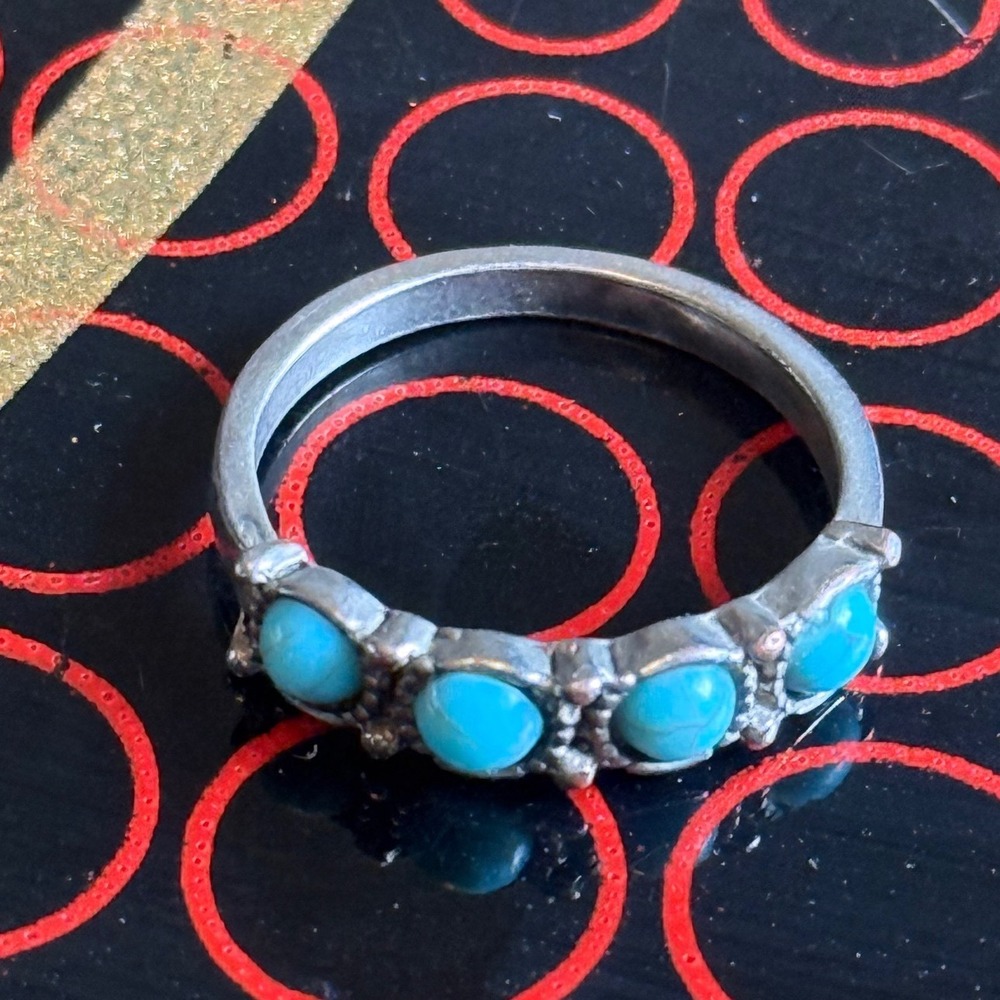 Vintage Silver‎ Tone Faux Turquoise Cabochon Band Ring Boho Southwestern Style
